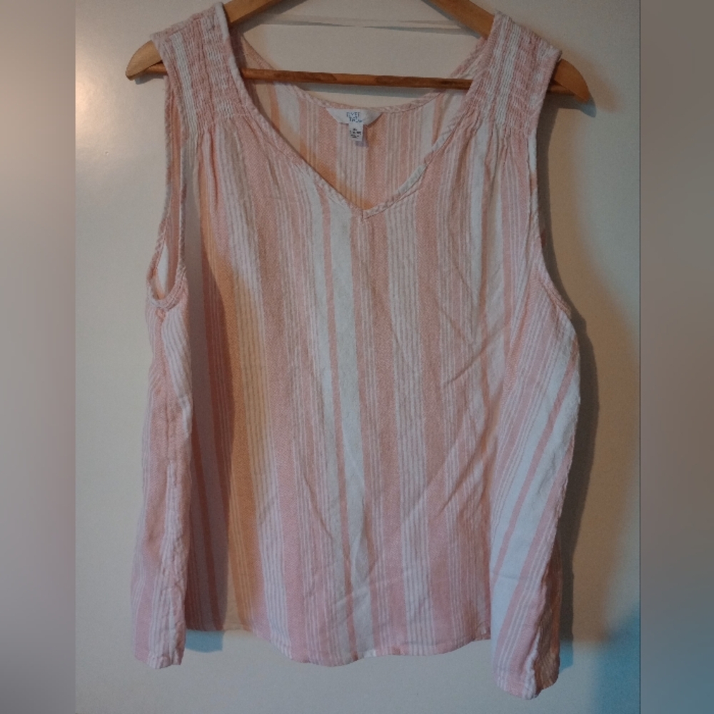 Pink Striped Linen & Rayon Sleeveless Top With Smocking Size XL 16-18